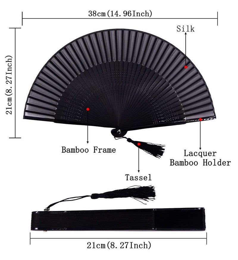 Amajiji 8.27"(21cm) Hand Held Bamboo Silk Folding Fan Hand Fan,Chinese/Japanese Charming Elegant Vintage Retro Style,Women Ladys Girls Best Gifts (Black-2) - Image 2